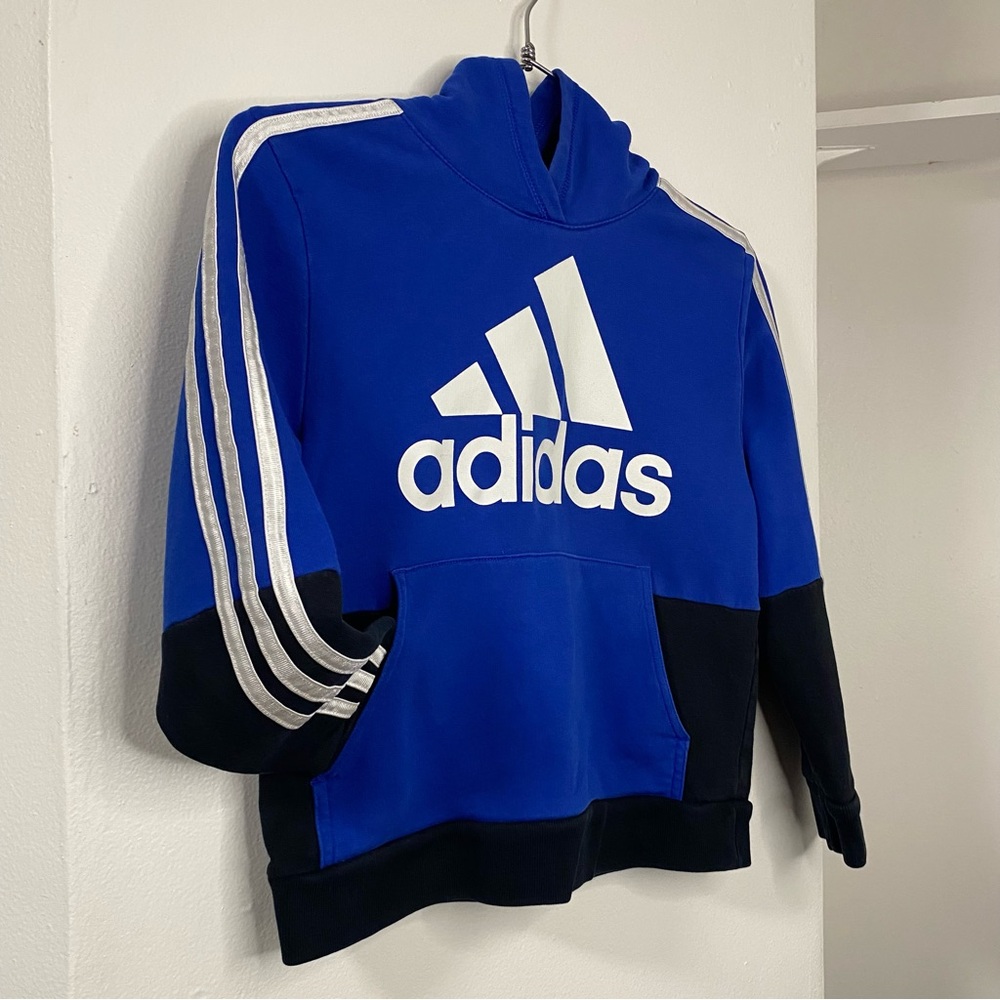 Adidas Blue Black White Bold Classic Logo Sporty Pull-Over Hoodie Kids Small 8